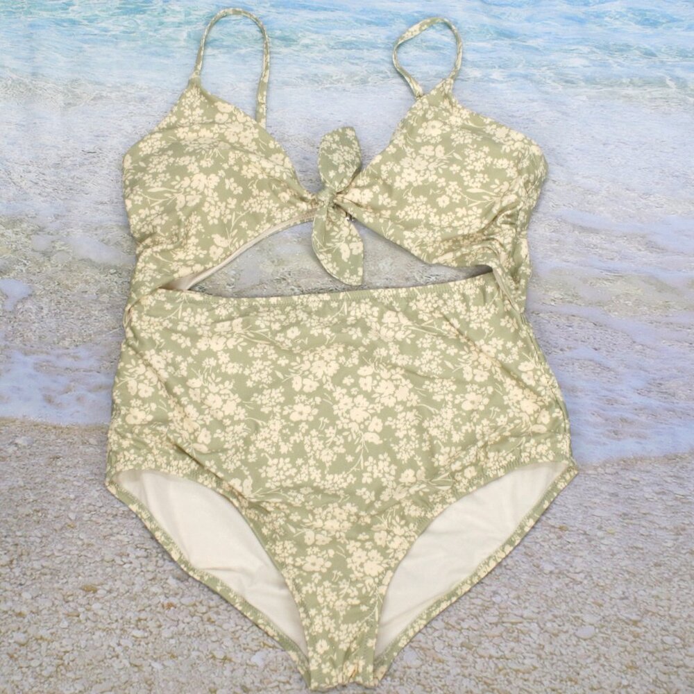 LC LAUREN CONRAD Swim Suit Floral Swimsuit Green Cream Coquette Girl X-Large - Picture 1 of 16